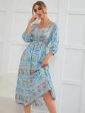 Queens Women Long Sleeve Front Button Ethnic Floral Print Beach Bohemian Maxi Sundress Ladies Cotton Boho Dress