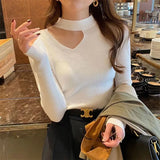 Winter Half High Collar Sexy Hollow Out Slim Sweater Top Women Solid Simple Bottoming Pullover Ladies All-match