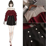 Summer 2 pcs sets Women Chiffon Patchwork Mesh Off Shoulder Shirt+A Line Draped Solid Skirt set Female Ruffles Casual