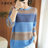 Autumn Classic Striped Print Loose Casual Sweater Women 3/4 Sleeve Hollow Out Knitting Pullover Elegant All-match