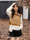 2PCS Blouses for Women Fashion 2022 Autumn New Fashion Striped Short Knitted Vest Solid Single Breasted Shirts