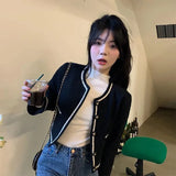 Vintage Cropped Jackets Women Elegant Black Single Breasted Short Coat Spring Autumn Korean Basic Loose Casual Outwear