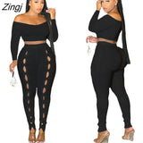 Bodycon Soild Streetwear 2 Two Piece Sets Women Outfits Off Shoulder Long Sleeve Crop Top Pants Suits Matching