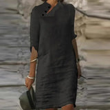 Solid Pullover Dresses Spring Cotton Linen Loose Medium Length Dress Retro Button Stand Collar Half Sleeve Commuter