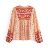 Queens Women Floral Printed V-neck Lace-up Boho Blouse Shirts Long Sleeve Tops Shirt Elegant Bohemian