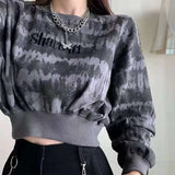 Y2K Tie Dye Loose Women Cropped Sweatshirt Pullover Korean Fashion Gothic Letter Tops Lady Fall Casual All-match