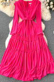 Vintage Rose Red Pleated Party Long Dress Elegant Deep V-Neck High Waist A-Line Draped Maxi Vestiods Female New