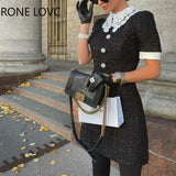 Women Elegant Lace Turn Down Collar Rhinestone Button Short Sleeves Formal Fragrant Breeze