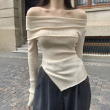 Elegant Slash Neck Sweaters Women Irregular Split Knitted Jumpers Korean Slit Solid Basic Slim Pullovers Autumn