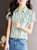 Fashion Women Shirts V-Neck Print Vintage Top Button Up Shirt Short Casual Shirts Summer 2023 Ladies Tops OL Womens