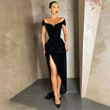 Women's Dress Elegant Tunics Pull Sleeve High Split Evening Party Dresses Y2K Tight Long Maxi Formal Vestidos Red Black