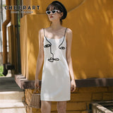 Designer Spaghetti Strap Dress Abstract Art Slip Mini Dress Women Summer Casual Strappy Dress