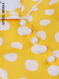 Retro Vintage Swing Shirt Dress Yellow Cotton Polka Dot Pleated 50S 60S Sundress A Line Elegant Pin Up Rockabilly