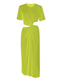 Summer Fashion Women Round Neck Hollow Out Kintted Short Sleeve Green Mid-calf Slim Dress Female Fake Two Piece