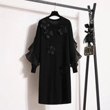 Winter Knitted Sweater Dress For Women Korean Casual High Quality Temperament Ruffles Patchwork Flower Dress 4XL