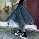 Black Tulle Patchwork Long Irregular Skirts Elastic High Waist A-Line Mesh Pleated Midi Skirts Vintage Punk