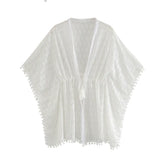 Queens Women Batwing Sleeve Loose Beach Bohemian Kimono Ladies V Neck Sashes White Lace Summer Boho Bikini
