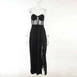 2022 Spring Summer Sexy Strapless Mesh Patchwork Tunics Party Dress Women Black High Split Long Maxi Formal Evening