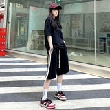 Striped Joggers Shorts Women Streetwear Wide Leg Sports Shorts Bf Hip Hop Baggy Casual Drawstring Straight Short