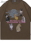 Style Harajuku Camisetas O Neck High Street Tees Cute Cat Print Women Half Sleeve Tshirts Y2k Loose Couples Fashion