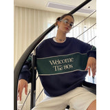 Green Color Block American Letter Embroidery Sweatshirt O-neck Oversized Pullover Winter Clothes Women Korean