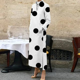 Casual Dot Print Commuter Maxi Dress Fashion Long Sleeve A-line Dress Elegant Ladies Standing Neck Pocket Straight