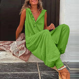 Button Sleeveless Beach Romper Simple Solid Cross-pants Lady Playsuit Women Casual Loose Hooded Jumpsuit Summer