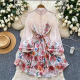 Style Dress Women's Spring New Elegant Dress Collar Lantern Sleeve Print Waist A Short
