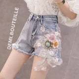 Styles Embroidery Ripped Denim Shorts 3D Floral High Waist Jeans Short Femme 2023 New Frayed Hole Shorts Women Summer
