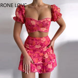 Women Floral Print Pom Pom Ruffles Top & Layered Skirt set Casual 2 Pieces