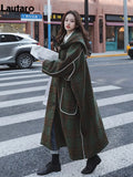 Autumn Winter Long Oversized Warm White Patchwork Plaid Wool Blends Trench Coats Women with Hood Runway Korean