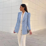 Fashion Tweed Double Breasted Blazer 2021 New Long Casual Coat Jacket Oversize Streetwear Vintage Office Lady