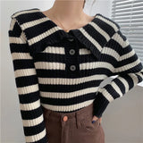 Black And White Striped Sweater Women Korean Fashion Ribbed Preppy Style Sailor Collar Sweater Winter Autumn