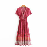 Queens Vintage Floral Print Sashes Beach Robe Bohemian Maxi Dresses Elegant Ladies Cross V Neck Boho Dress