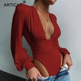 Black Deep V Neck Bodysuit Women Sexy Puff Sleeve Bodycon Jumpsuit Solid Elastic Casual Party Summer Bodysuits Body