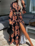 Vintage Printed Seaside Beach Dress Fashion Long Sleeve Button V Neck Long Dresses Spring Casual Office Women Loose