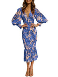 Elegant Women Spring Autumn Dress Floral Leaves Print V-neck Puff Long Sleeve Elastic Waist Slim Fit Ruffle Hem
