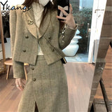 Vintage Temperament Sets Female 2021 Lapel Houndstooth Loose Suit Woolen Jacket High Waist Straight Split Skirt 2pcs