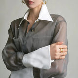 Vintage Blouses Women Elegant Sun Proof Sheer Long Sleeve Shirts Office Lady Korean Patchwork Loose Casual Sunscreen