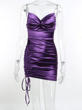 Satin Backless Drawstring Ruched Mini Dress For Women Summer Spaghetti Strap Sleeveless Bodycon Sexy Dress