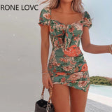 Women Elegant Fashion Sweet Floral Square Neck Tie Front Dress Mini Dress Bodycon