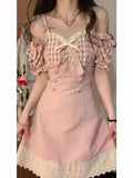 Pink Plaid Bow Princess Mini Dress Women 2023 Summer Sexy Slim Slash Neck Lace Ruffle Kawaii Y2k Lolita Female