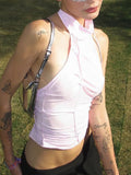 90s Aesthetics Sexy Patchwork Ruched Halter Top Y2K Vintage Backless Lace Up Sleeveless Pink Mesh Party Tanks Summer