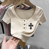 Square Collar Crop Tops Black Cross Appliques Solid T Shirts Skinny Basic Office Lady Streetwear Summer Casual Korean