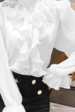 Stand Collar Chiffon Lace Shirts Korean Ruffles Stitching Elegant Button Blouse Woman Long Flare Sleeve Loose Tops