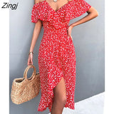 Floral Print Sling Dress Women Summer Dresses 2022 NEW Elegant Sexy Strapless Spaghetti Irregular Ruffle Hem Slit
