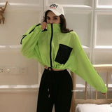 Spring Summer Women Casual Loose Pocket Color Contrast Batwing Sleeve Drawstring Zipper Short Coat