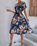 Printed Casual Beach Midi Dresses Women Summer V-neck Short Sleeve Empire Waist A-Line Dress Sundress Vestido Robes
