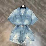 New Arrivals Turn Down Collar Short Sleeve Ripped Holes Tassel Light Blue Denim Playsuits Romper With Belt Women