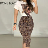 Women Short Sleeve Print Top & Leopard Slit Skirt Set Casual 2 Pieces
